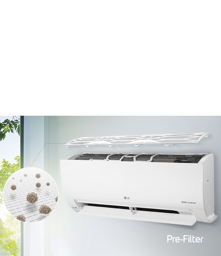 Duvara monte edilmiş LG klima yan açıdan görülür. Üst panel havada asılıdır, böylelikle içindeki filtreler görülebilir. Ön filtreden gelen bir çizgi, ön filtrede tutulan tozu gösteren büyütülmüş bir daireye uzanır. Sağ alt köşede Ön Filtre logosu.