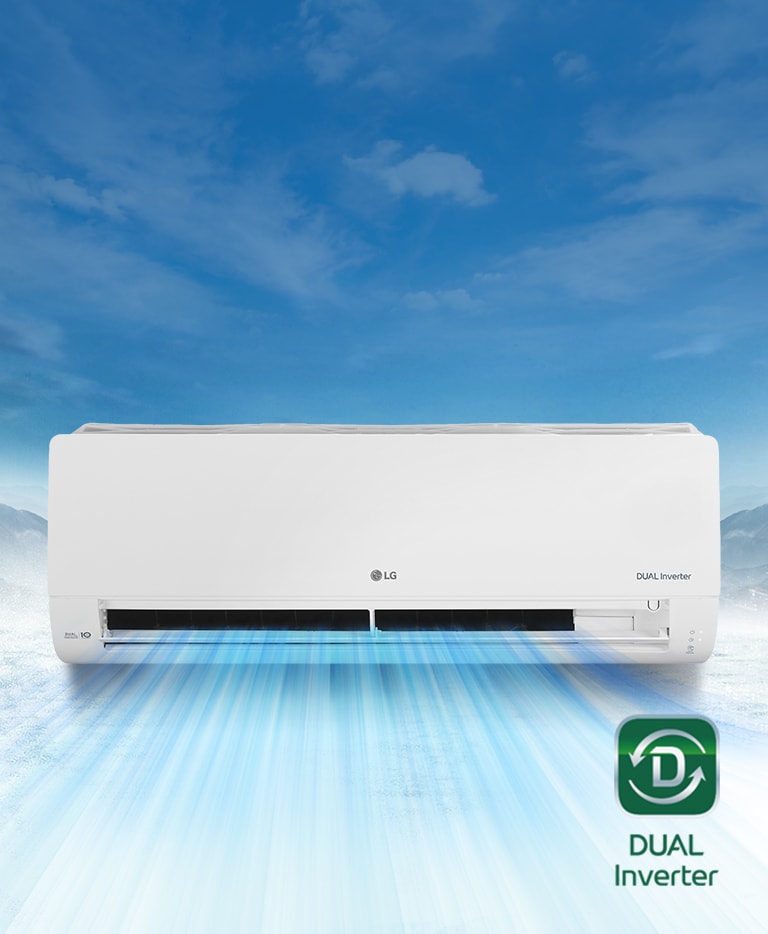 Arka planda karlı bir dağ manzarası. Ön planda klimanın önden görünümü gösterilir, makineden hava üflenir. LG logosu makinenin merkezinde yer alırken, Dual Inverter logosu, ThinQ logosu ve ön taraflarda görülebilen Dual Inverter 10 Yıl Garanti logosu bulunur. Sağ tarafta hava kalitesi paneli yeşil renkte yanar. Dual Inverter logosu, videonun sağ alt kısmındadır.