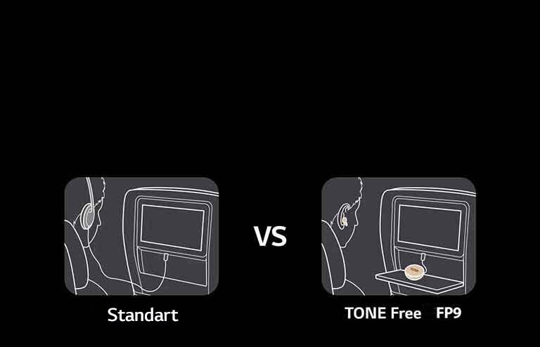Bu, uçuş eğlencesinde Standart ve TONE Free işlevlerini gösteren sahnelerin karşılaştırması. Standart versiyon kablolu bir kulaklık kullanır, ancak TONE Free yalnızca şarj ünitesinin AUX kablosunu ekrana bağlar ve uçakta içeriğin keyfini kulaklıklarla çıkarmanızı sağlar.