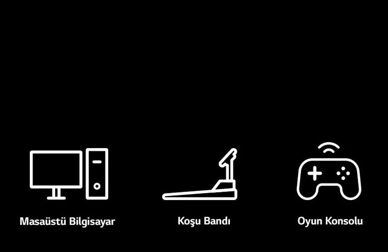 Tak-Çalıştır ve Kablosuz işlevleriyle uygulanabilen masaüstü bilgisayar, koşu bandı ve oyun konsolunun piktogram görüntüleri.