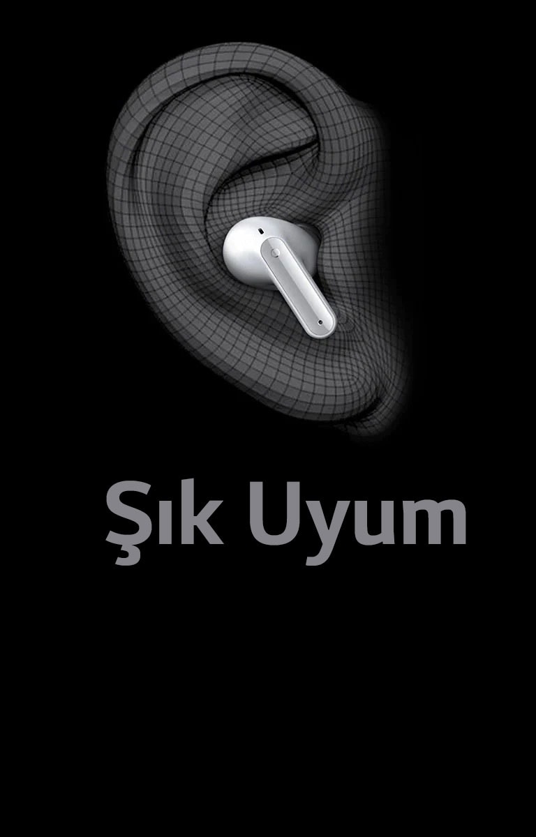 3D olarak ifade edilen kulak şekline takılan TONE Free görüntüsü. Altında "Şık Uyum" yazar.