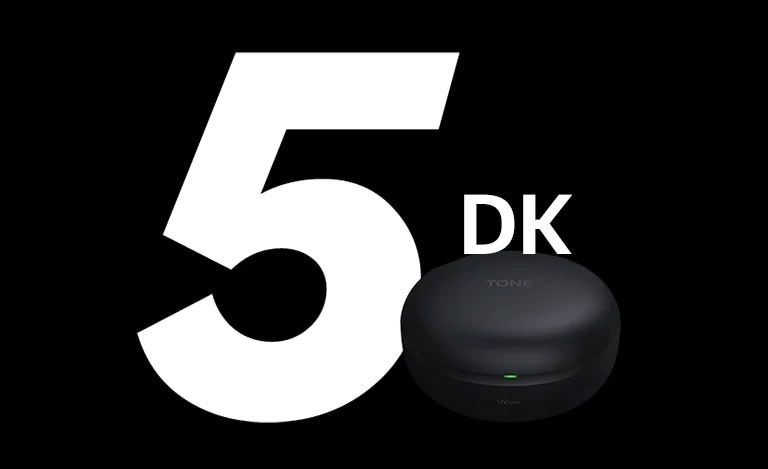 "5 dk" kelimesinin önünde TONE Free'nin şarj edildiğini gösteren bir resim.