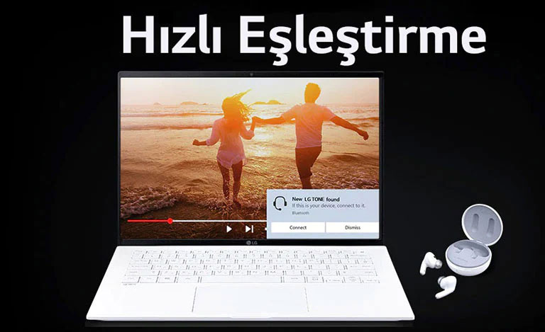 "Hızlı Eşleştirme" ifadesinin altına yerleştirilmiş bir dizüstü bilgisayar ve TONE Free resmi. Açık dizüstü bilgisayar ekranında eşleştirme uyarısı açıktır.