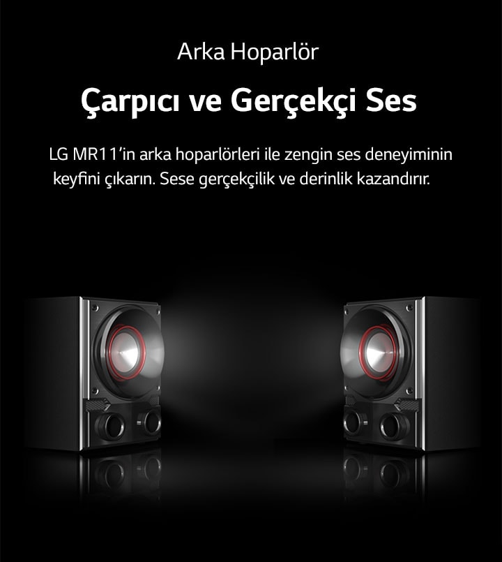 LG MR11's rear speakers are facing toward each other against the black background. A light is coming out from the woofer for illustrative purpose.