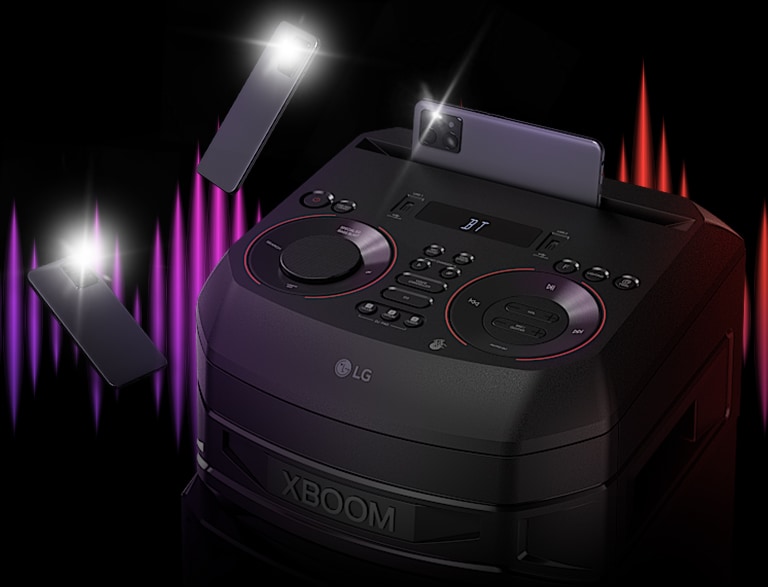 A close-up view of the top of LG RNC5. Two flashing smartphones are floating around it. There'a colorful eq behind the speaker.