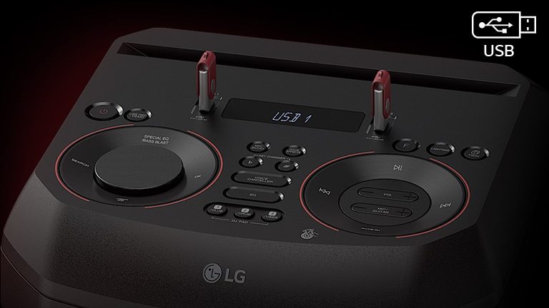 A closeup view of controls on top of RNC5, with two USBs plugged in. A USB icon is shown in the upper right corner.
