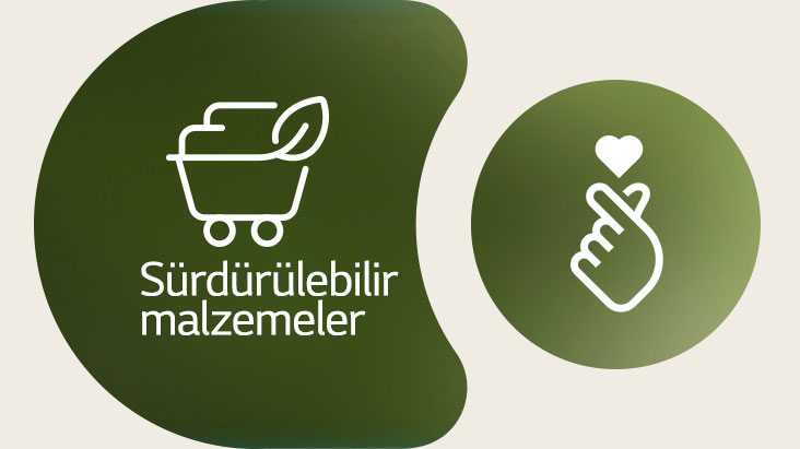 Solda, LG’nin sürdürülebilir malzemeler simgesi adıyla birlikte gösteriliyor. Sağda ESG parmak kalp simgesi gösteriliyor.