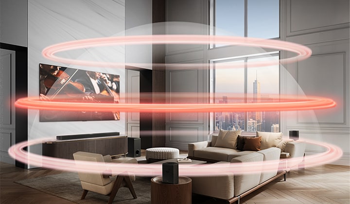 LG TV ve LG Soundbar büyük bir şehir apartmanında. Sanal katmanları tasvir eden üç kırmızı bant her seferinde biri olmak üzere görünür ve bir araya gelerek bütün bir ses kubbesi oluşturur.