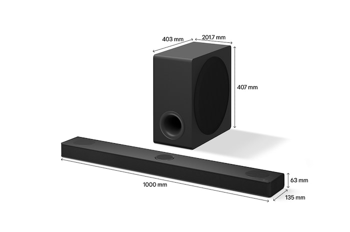 LG Soundbar S80TY ve Subwoofer’ın ölçülerini gösteren açılı görünümü