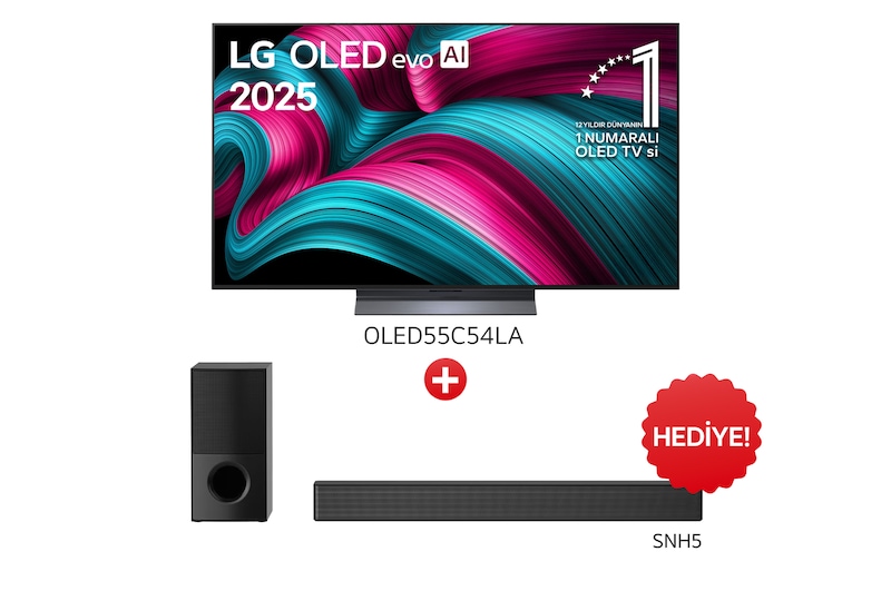 Önden görünüm 55 inç LG OLED AI C5 4K Smart TV AI Sihirli Kumanda Dolby Vision webOS25 2025 OLED55C5.SNH5 ve SNH5 Soundbar