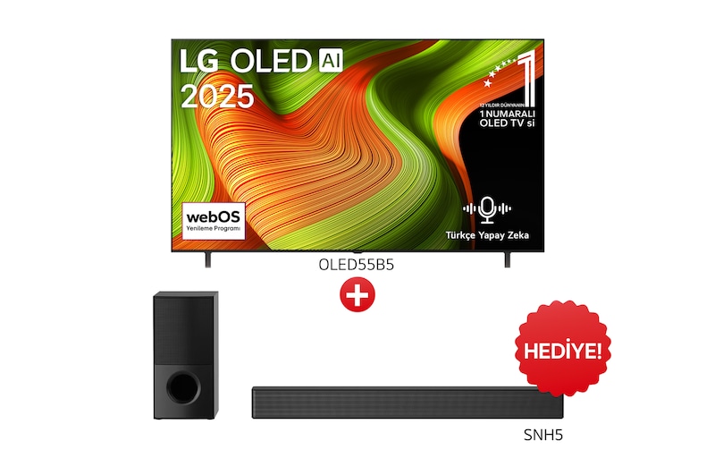 Önden görünüm 55 inç LG OLED AI B5 4K Smart TV AI Sihirli Kumanda Dolby Vision webOS25 2025 OLED55B56LA.SNH5 ve SNH5 Soundbar
