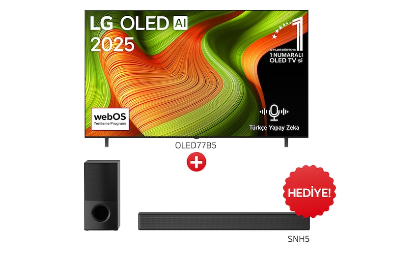 Önden görünüm 77 inç LG OLED AI B5 4K Smart TV AI Sihirli Kumanda Dolby Vision webOS25 2025 OLED77B56LA.SNH5 ve SNH5 Soundbar