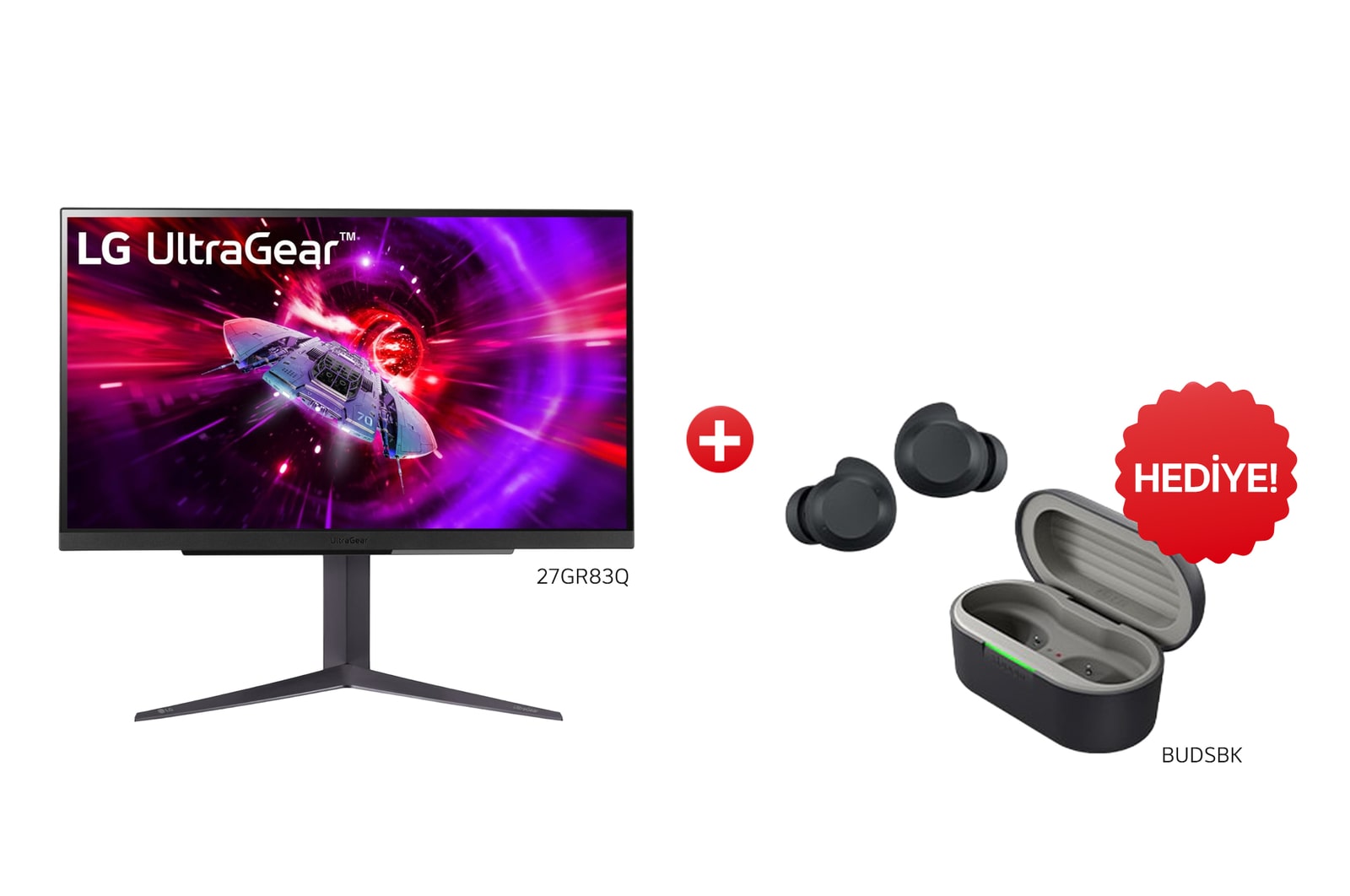 Front view of LG UltraGear 27GR83 Oyun Monitörü Satın Alımlarında BUDS Siyah Kulaklık Hediye 27GR83Q.BUDSBK