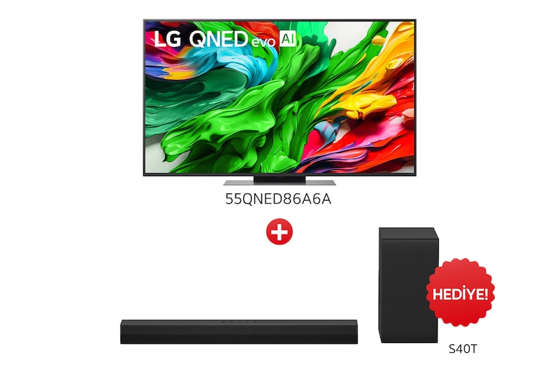 Önden görünüm 55 inç LG QNED evo AI QNED86 MiniLED 4K Smart TV AI Sihirli Kumanda Dolby Vision webOS25 2025 55QNED86A.S40T ve S40T Soundbar