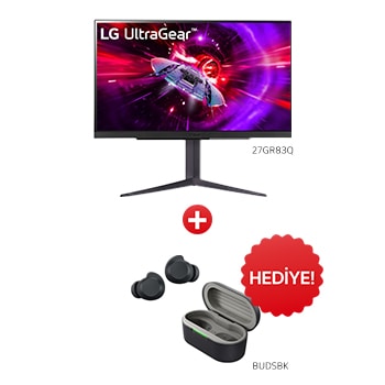 Front view of LG UltraGear 27GR83 Oyun Monitörü Satın Alımlarında BUDS Siyah Kulaklık Hediye 27GR83Q.BUDSBK