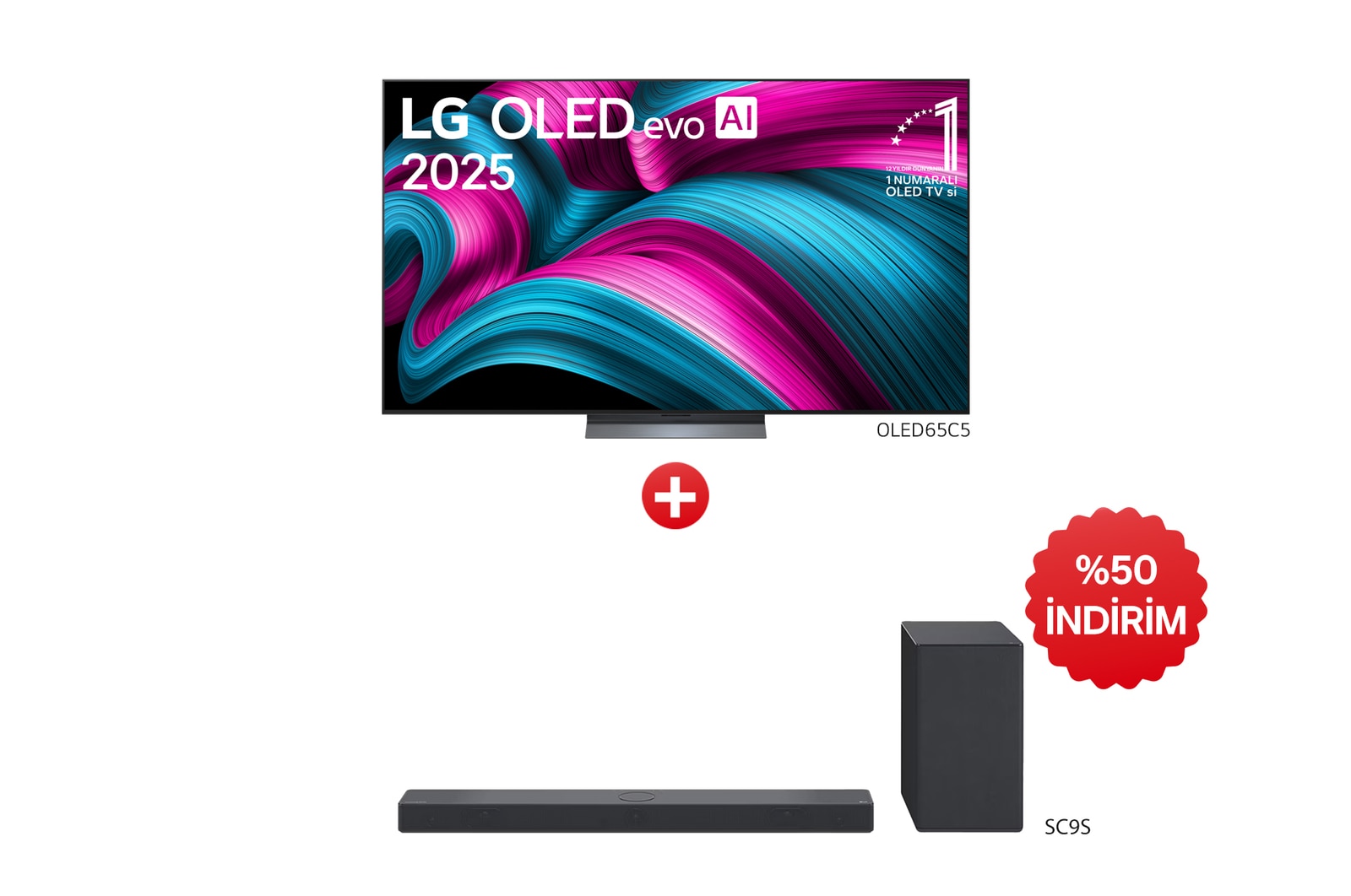 Önden görünüm 65 inç LG OLED AI C5 4K Smart TV AI Sihirli Kumanda Dolby Vision webOS25 2025 OLED65C5.SC9S ve SC9S Soundbar
