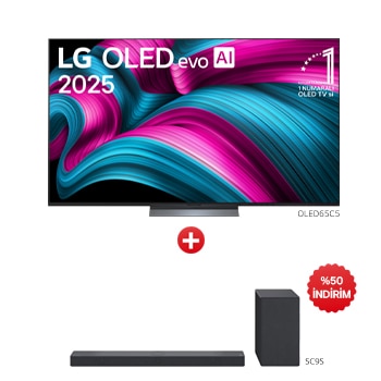 Önden görünüm 65 inç LG OLED AI C5 4K Smart TV AI Sihirli Kumanda Dolby Vision webOS25 2025 OLED65C5.SC9S ve SC9S Soundbar