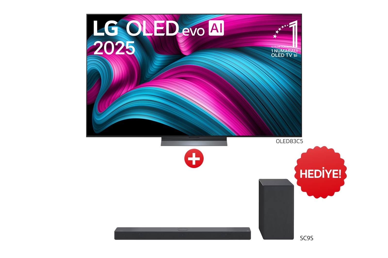 Önden görünüm 83 inç LG OLED AI C5 4K Smart TV AI Sihirli Kumanda Dolby Vision webOS25 2025 OLED83C5.SC9S ve SC9S Soundbar