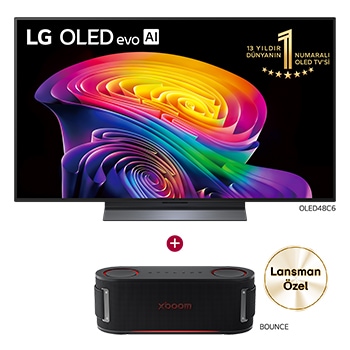 Front view of 48 inç LG OLED evo AI C6 TV Satın Alımlarında XBOOM Bounce Hoparlör Hediye OLED48C64.BOUNCE