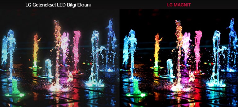 LG Geleneksel LED Bilgi Ekranı ile MAGNIT arasındaki kontrast oranı ve ayırt edicilik farkını gösteren farklı renklere sahip ışıklı su gösterisi