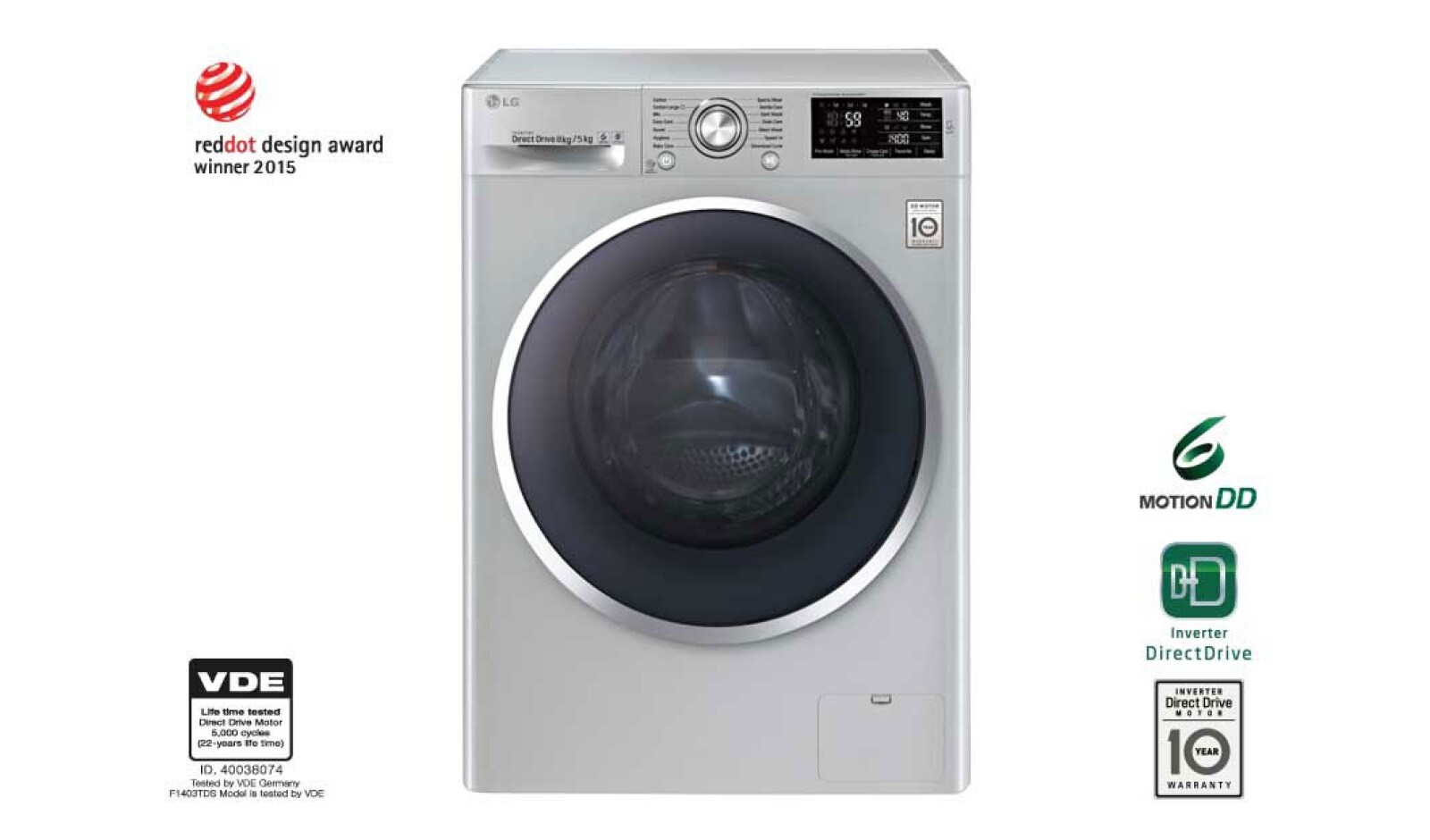 8/5KG DURMAKSIZIN YIKAMA &amp; KURUTMA, Yıkama Performansı: A&#43;&#43;&#43; (- 40%), 8kg Yıkama, 5kg Kurutma, 1400 Devir, 10 Yıl 6 Motion Direct Drive Motor Garantisi, 22 Yıl VDE Onaylı Motor, Anti-alerjik, True Steam™, Smart Diagnosis™/Akıllı Teşhis, Eko Dry F14U2TDHP5N için önden görünüm