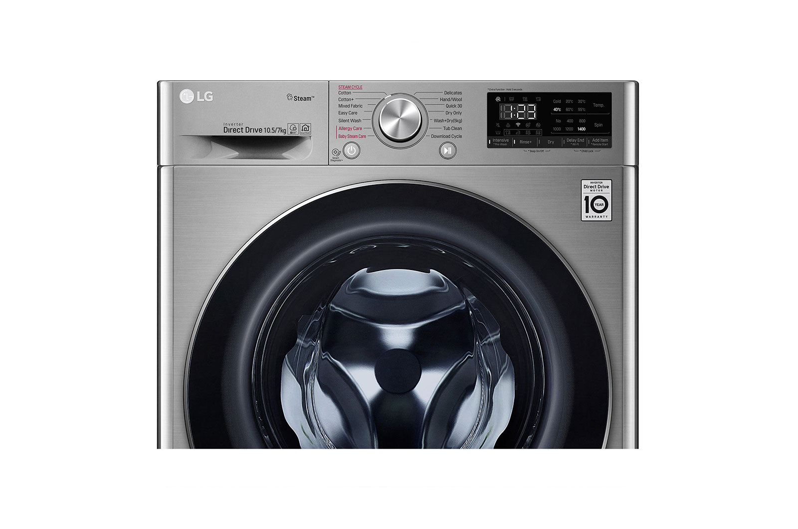 LG Kurutmalı Çamaşır Makinesi 10,5 Kg Yıkama / 7 Kg Kurutma 1400 Devir Buharlı AI DD™ Wi-Fi E Enerji Sınıfı Metalik Gri, F4V5RGP2T