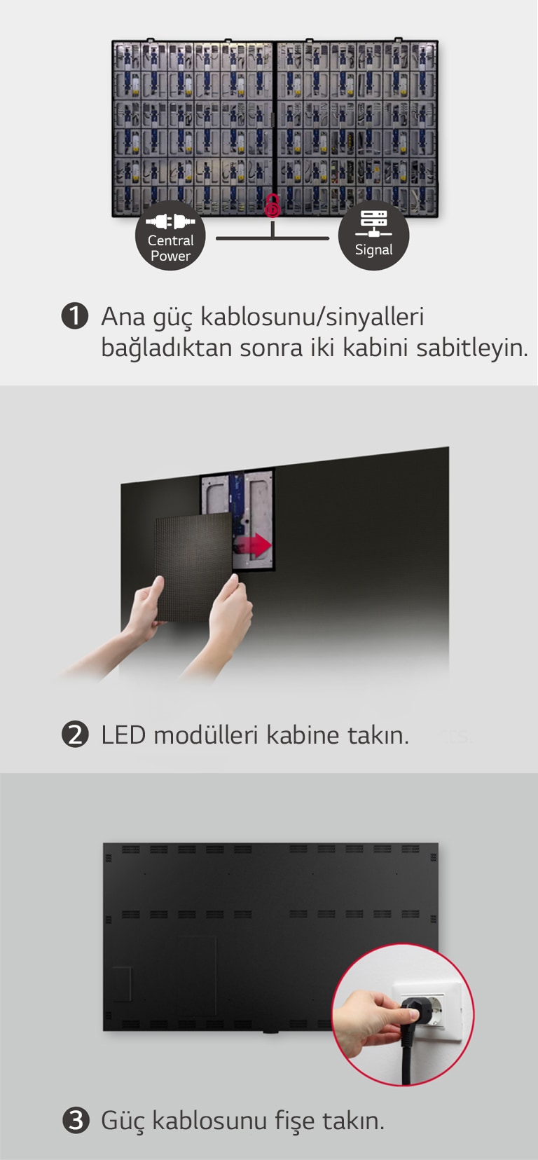 İki kabinin sabitlenmesı, LED modüllerinin takılması ve güç kablosunun bağlanması adımlarının gösterildiği 3 resim.