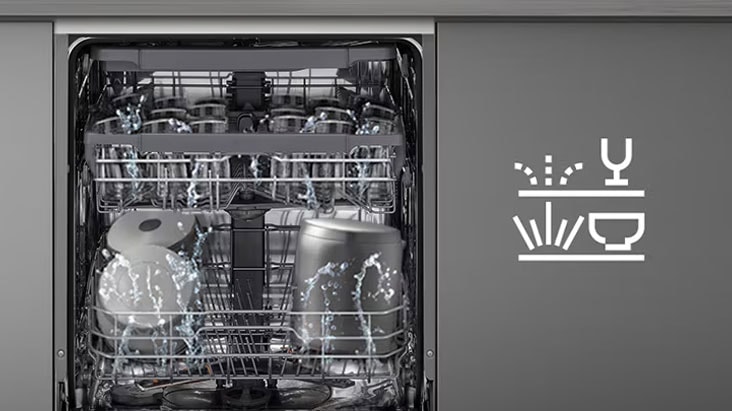 Interior of LG freestanding dishwasher with upper rack washing gently and lower rack washing powerfully.