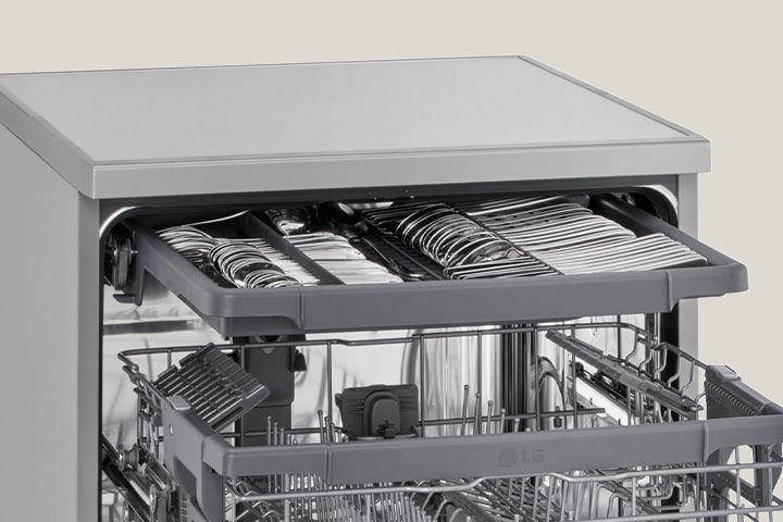Showcasing how spatulas, spoons, forks, and knives are arranged in the 3rd rack of an LG freestanding dishwasher.	