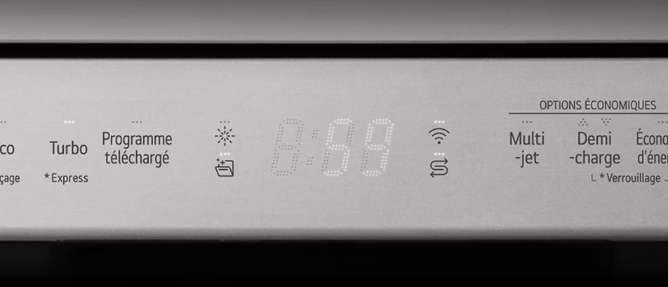 Close up of the led panel of LG freestanding dishwasher.