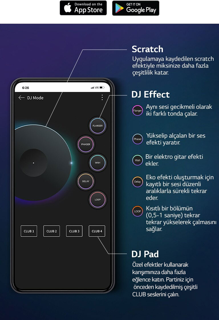 XBOOM uygulaması üzerindeki DJ ekranı açıkken telefonu tutan elin görüntüsü ve yanında listelenen işlevler.