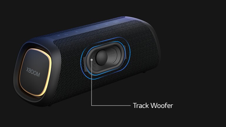 LG XBOOM Go XG5'in çapraz görünümü, track tipi woofer'ı gösterir.