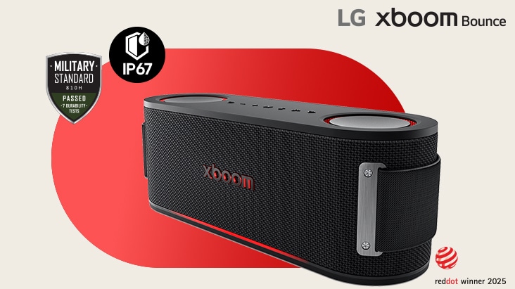 Güçlü bas, IP67 koruması ve Red Dot Award ödülüne sahip LG xboom Bounce taşınabilir hoparlör.