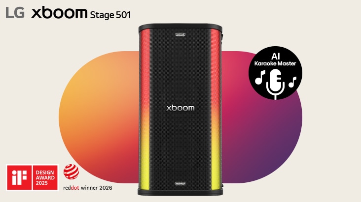 220W ses gücüne sahip LG xboom Stage 501 AI Karaoke Master parti hoparlörü.