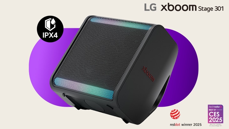IPX4 ve dinamik aydınlatmaya sahip LG xboom Stage 301 120 W taşınabilir parti hoparlörü.