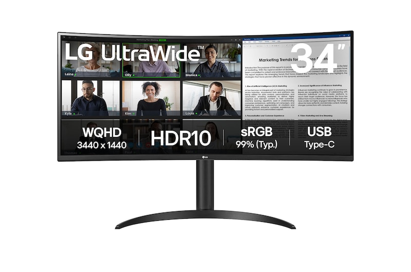 Front view of USB Type-C™ içeren 34" UltraWide QHD Kavisli monitör 34WR55QK-B