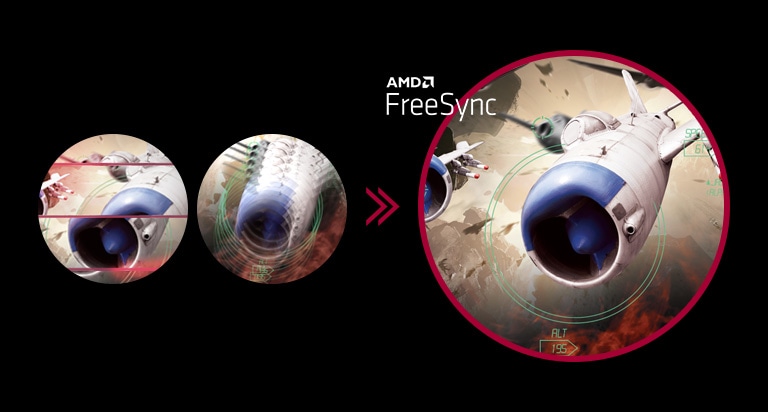 AMD FreeSync™ açıkken elde edilen kesintisiz, akıcı hareketle net oyun görüntüsü ile AMD FreeSync™ kapalıyken takılma ve yırtılma görülen ekran karşılaştırması.