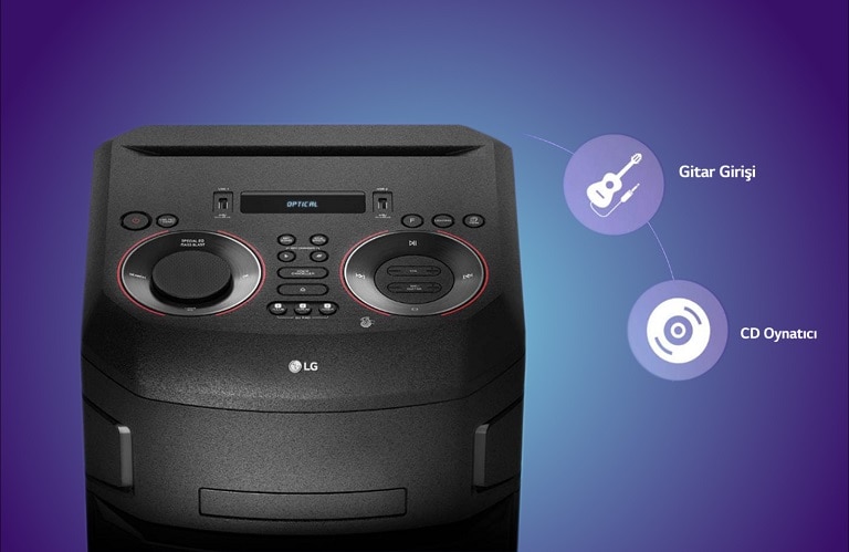 LG XBOOM'un üstten yakın çekim görünümü ve ürünün çevresinde gösterilen bağlantı simgeleri.