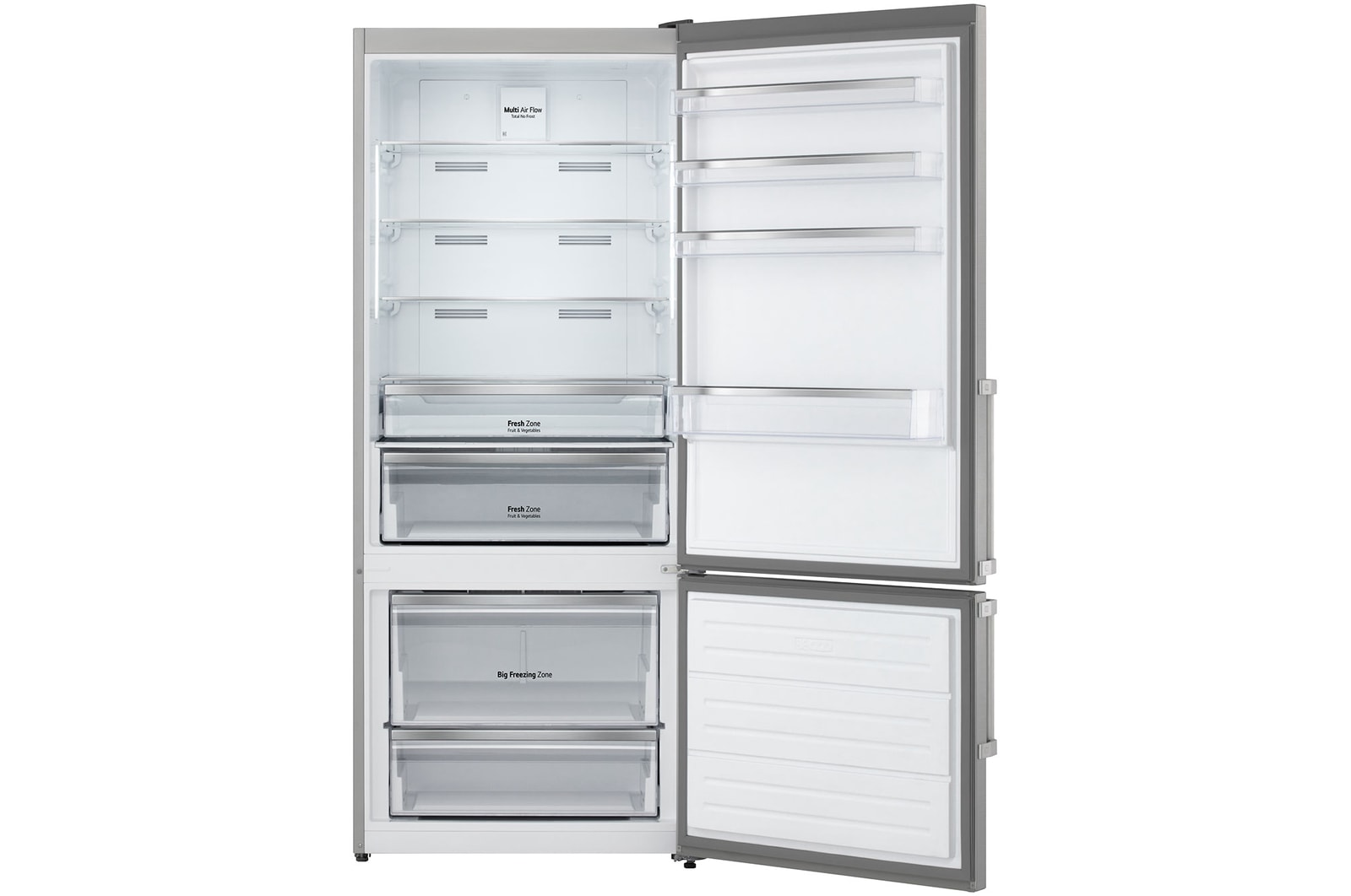 131L Alttan Donduruculu Gümüş Buzdolabının önden açık görünümü