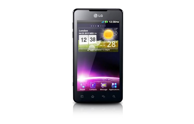 LG Optimus 3D Max, 1.2 GHz çift çekirdekli işlemcisine ve gözlük gerektirmeyen LG NOVA 3D Display gibi özelliklere sahip. P725 LG Optimus 3D MAX için önden görünüm