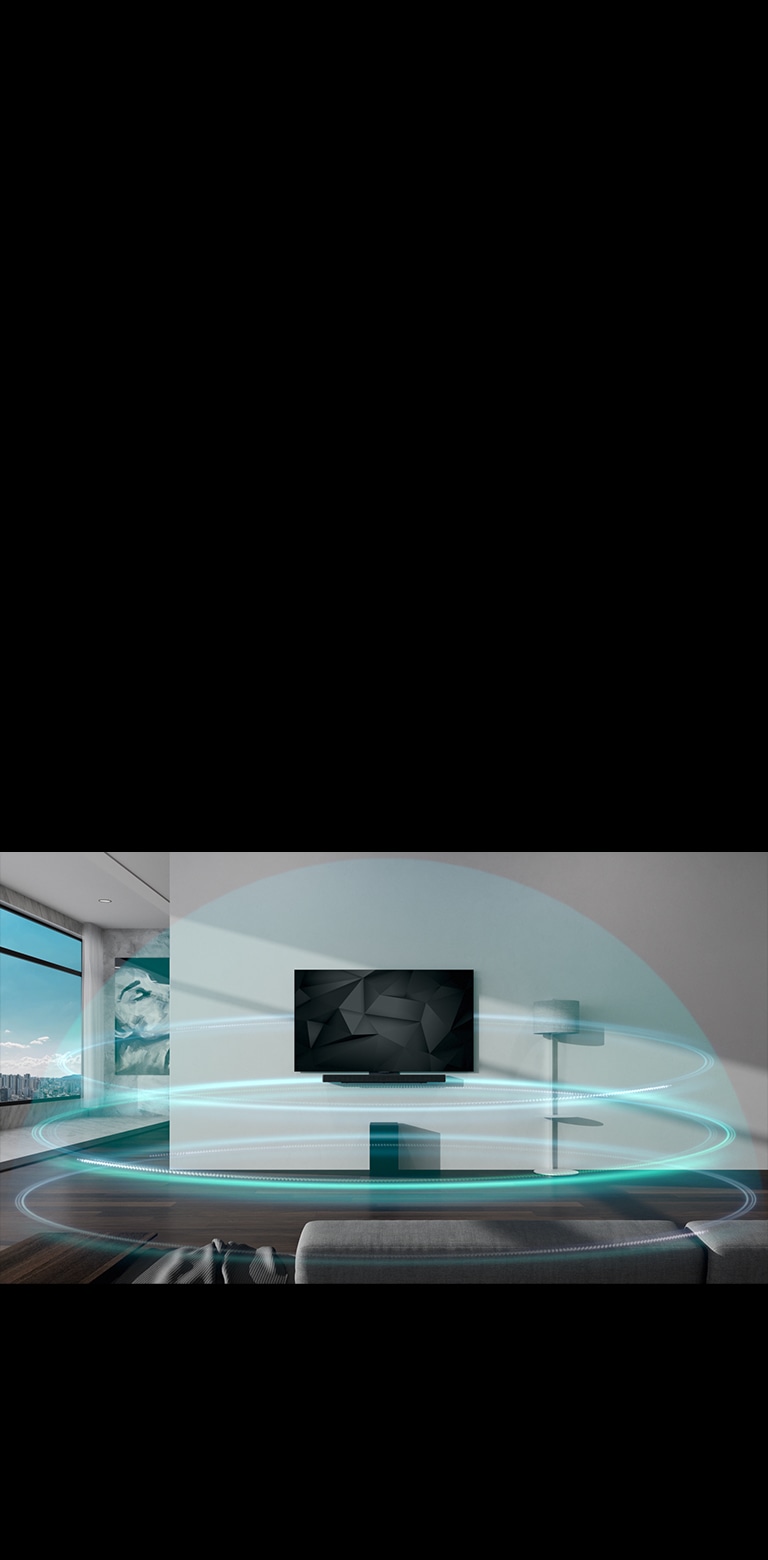 Mavi kubbe şeklindeki 3 katmanlı ses dalgaları, oturma odasında duvara asılı soundbar ve TV'yi kaplar.