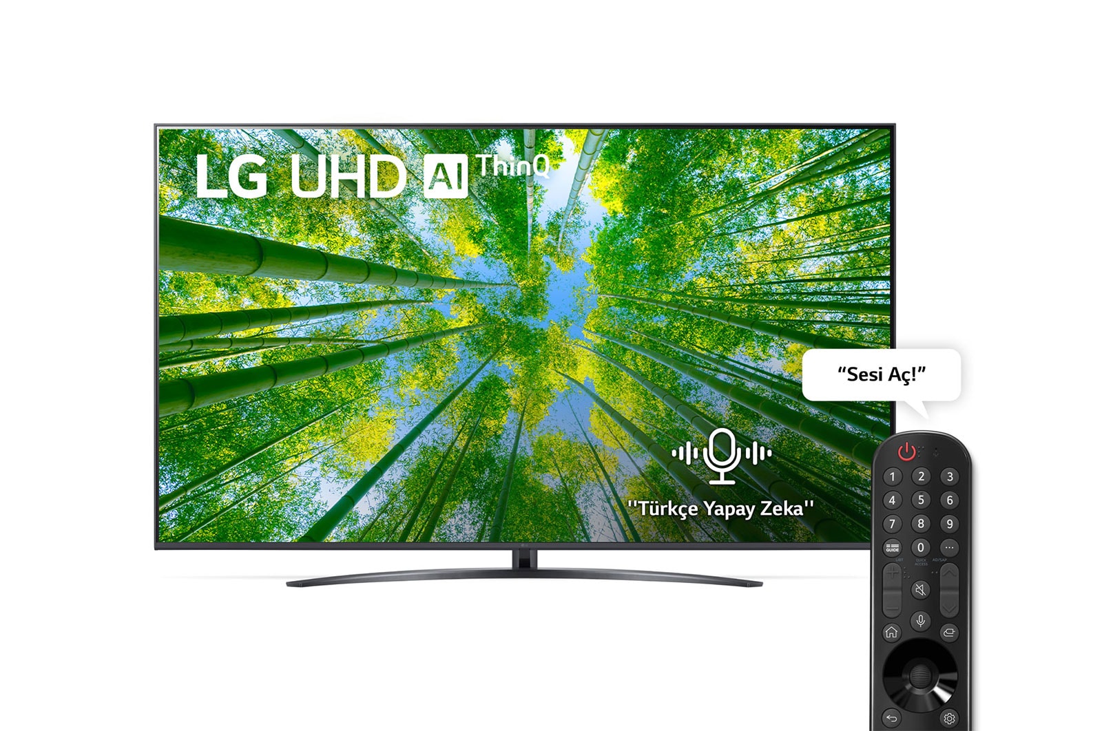 Dolgu resmi ve ürün logosu bulunan LG UHD TV'nin önden görünümü