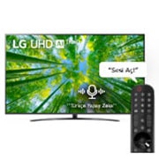 Dolgu resmi ve ürün logosu bulunan LG UHD TV'nin önden görünümü