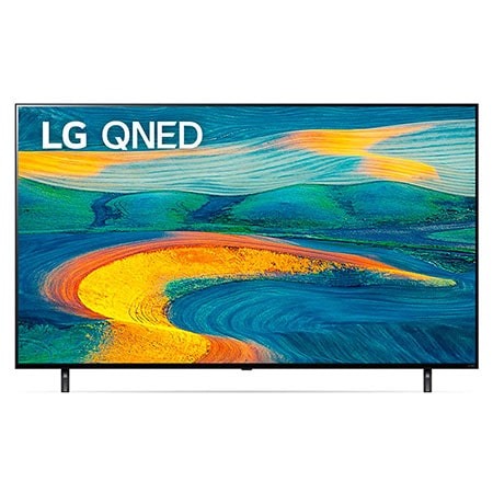 Dolgu resmi ve ürün logosu bulunan LG QNED TV'nin önden görünümü