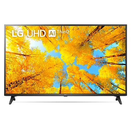 Dolgu resmi ve ürün logosu bulunan LG UHD TV'nin önden görünümü