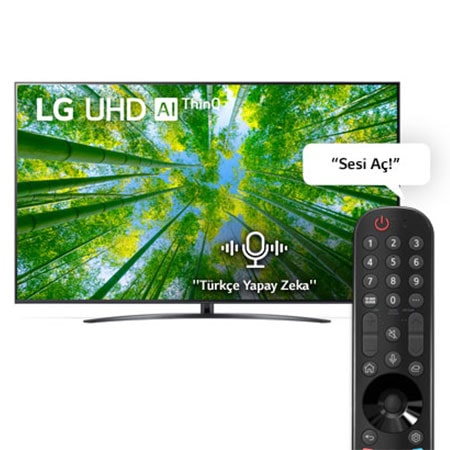 Dolgu resmi ve ürün logosu bulunan LG UHD TV'nin önden görünümü