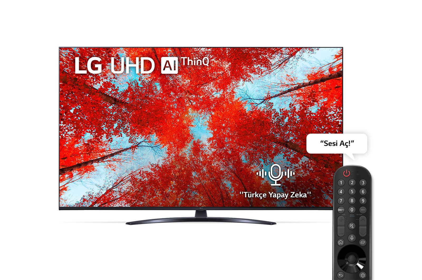 Dolgu resmi ve ürün logosu bulunan LG UHD TV'nin önden görünümü