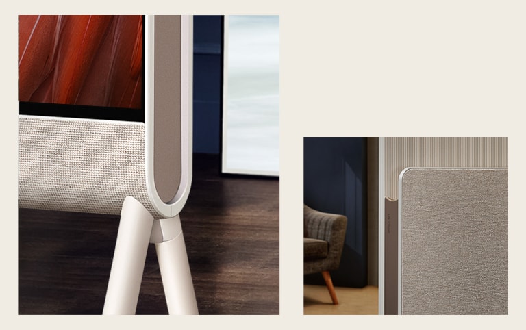 Posé'un önden yakın çekimi kumaşa odaklanmıştır; arka planda ahşap döşeme görünür. Medya Rafı üzerindeki kumaşın ve LG Objet logosunun yakın çekimi; arka planda bir koltuk görünür.