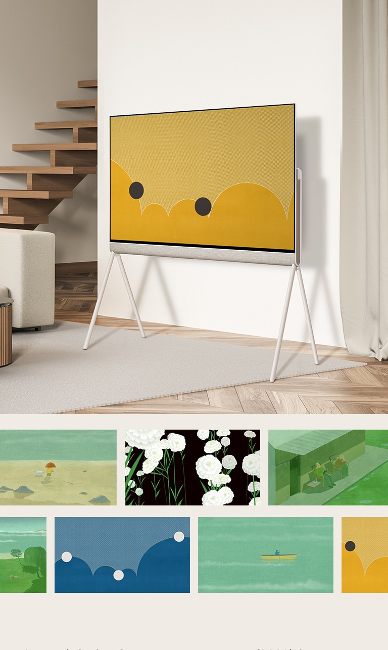 Oturma odasında duran Posé'un ekranında turuncu dairelerin yer aldığı koyu mavi bir sanat eseri görülür. Eser maviden hardal sarısına dönerken daireler zıplayarak hareket eder. Aşağıda aralarından seçim yapabileceğiniz farklı sanat eserleri bulunur: açık havada oturan çift, beyaz karanfiller, kayalık bir kumsaldaki çocuk ve köpek, koyu mavi soyut eser, bir ağacın altında ışıkları yanan araba, siyah soyut parça, beyaz nergisler ve gölgeleri, soğuk mavi soyut eser, denizde kürek çeken insan, hardal sarısı soyut eser, sahilde bir ev ve ağaç dallarındaki yaprak filizleri.