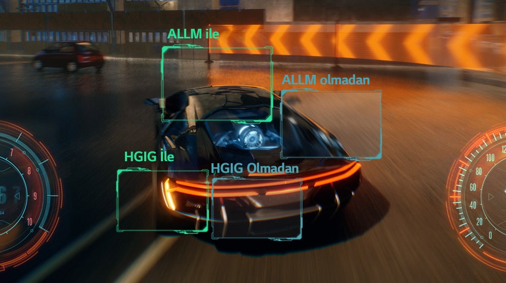 HGIG ve ALLM tarafından sağlanan gelişmiş görüntü kalitesini, diğer görüntüyle kıyaslayan yarış oyunundan bir kare.